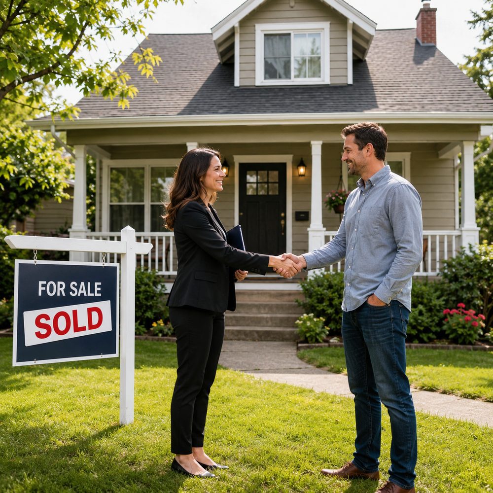 Real estate agent and home seller shaking hands in front of a sold house — sewer scope completed before closing in the Denver metro