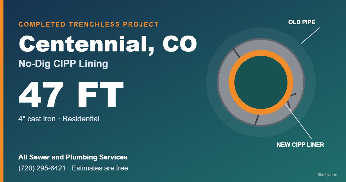 Illustration of no-dig cipp lining for a 47 ft sewer line in Centennial, CO