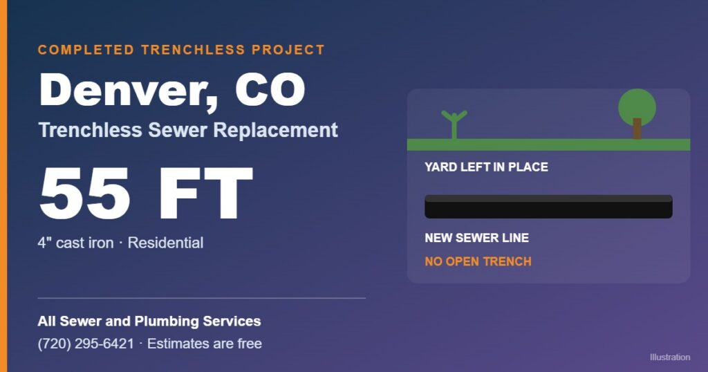 Illustration of trenchless sewer replacement for a 55 ft sewer line in Denver, CO
